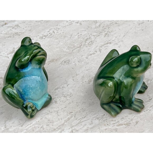 Vintage Ceramic Green Frog Figurines Set Of 2 Hand-Painted Glossy Finish - Picture 6 of 12